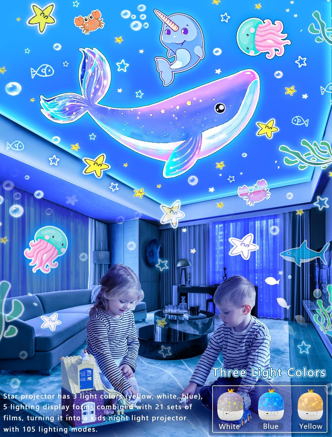 Eigther star projector offers adjustable brightness for comfy bedtime