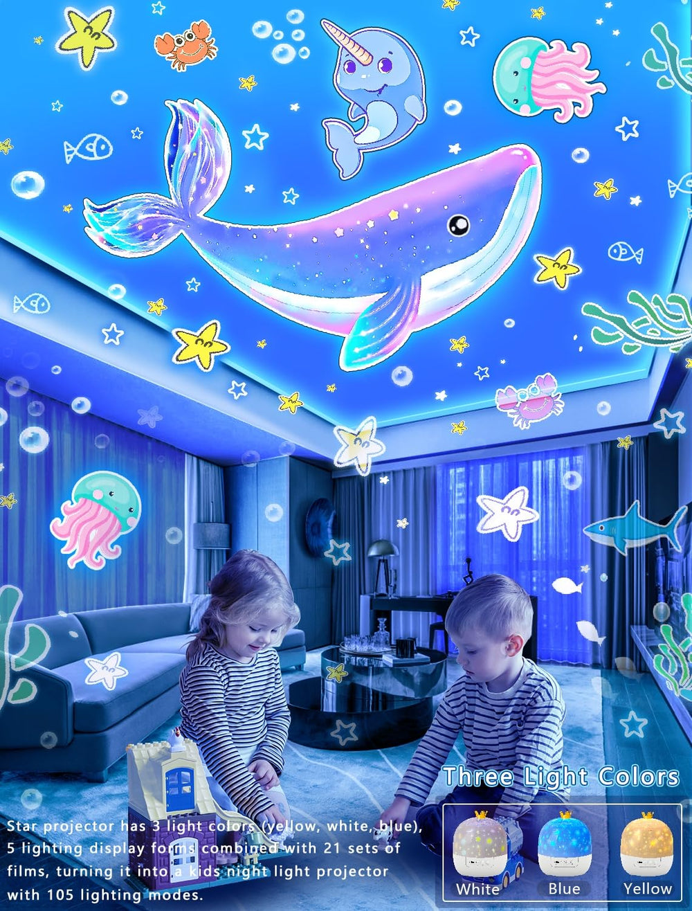 Eigther star projector offers adjustable brightness for comfy bedtime