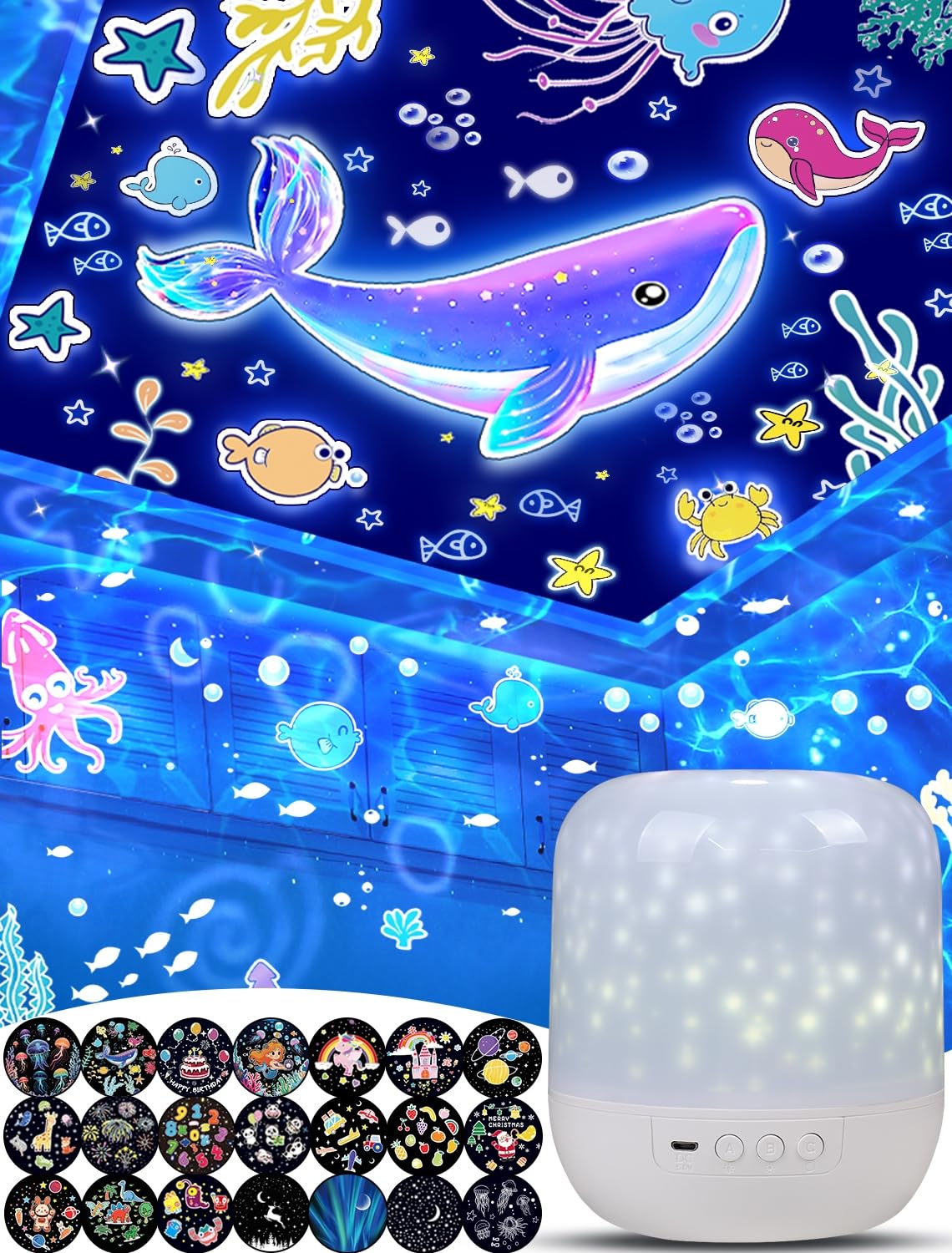 Eigther star projector casts ceiling scenes from 21 films for a calming night sky experience.