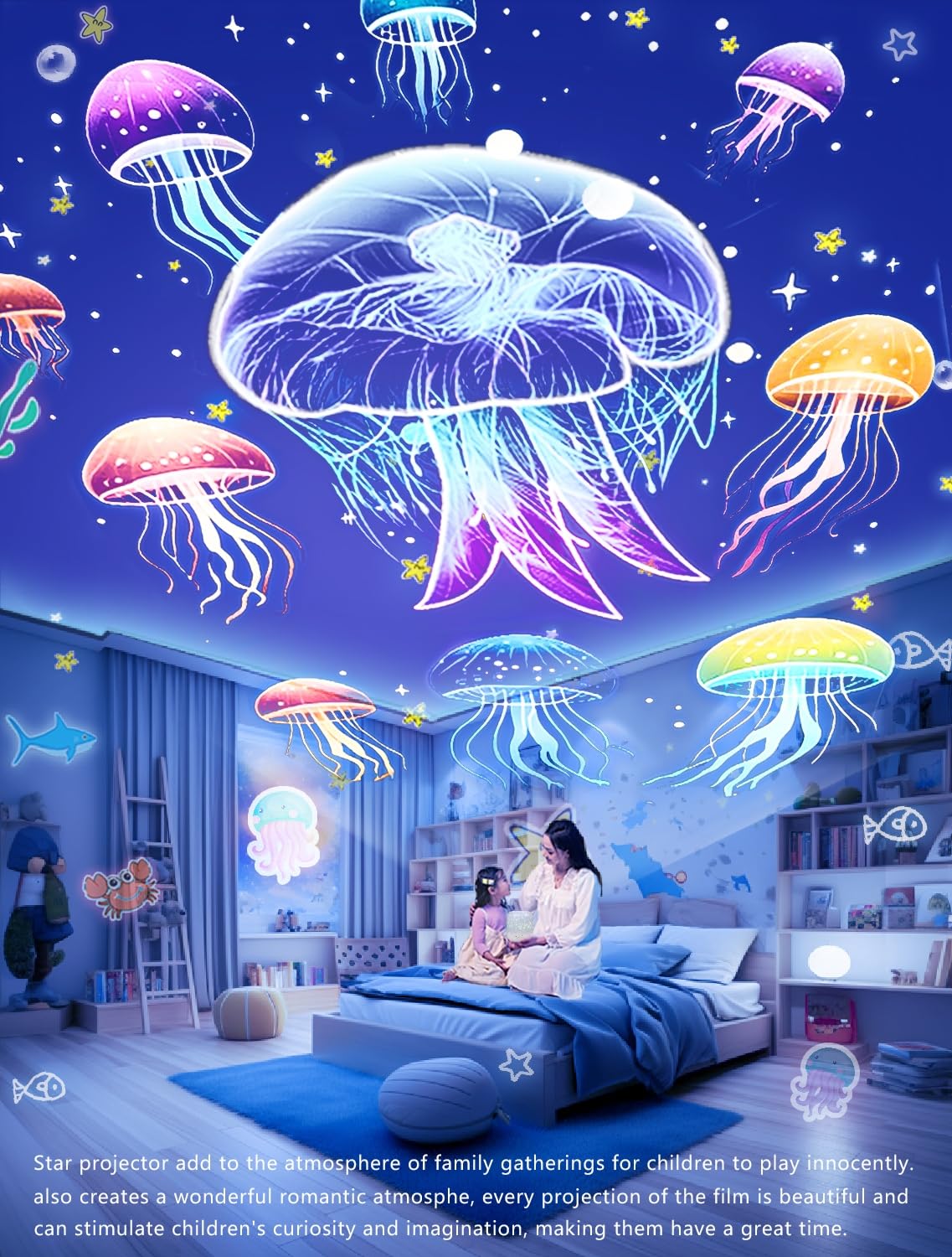 Eigther wall and ceiling projections with gentle motion create an inviting nursery atmosphere.