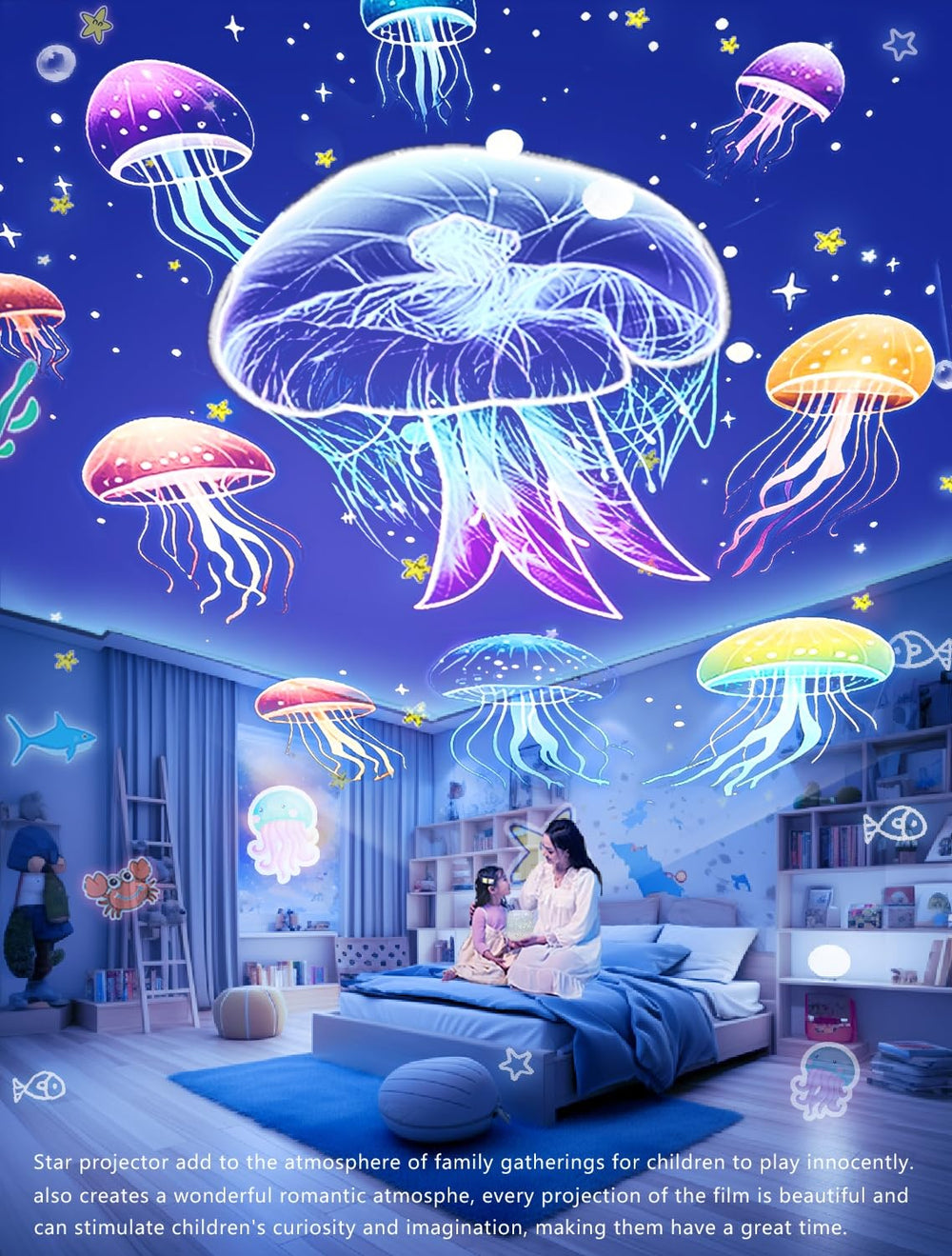 Eigther wall and ceiling projections with gentle motion create an inviting nursery atmosphere.
