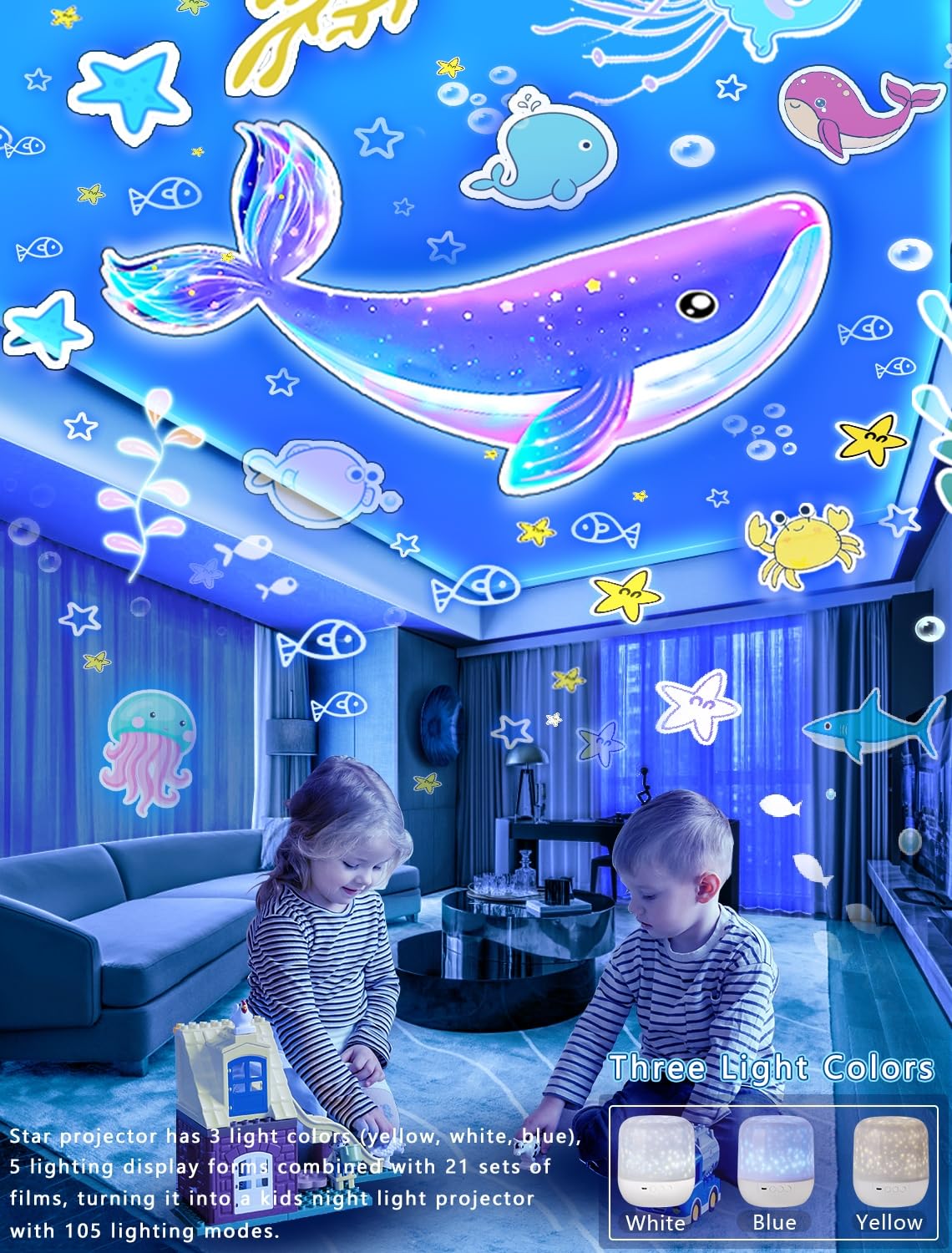 Eigther yellow-white-blue light modes offer warm, pure, and mysterious options for different moods.