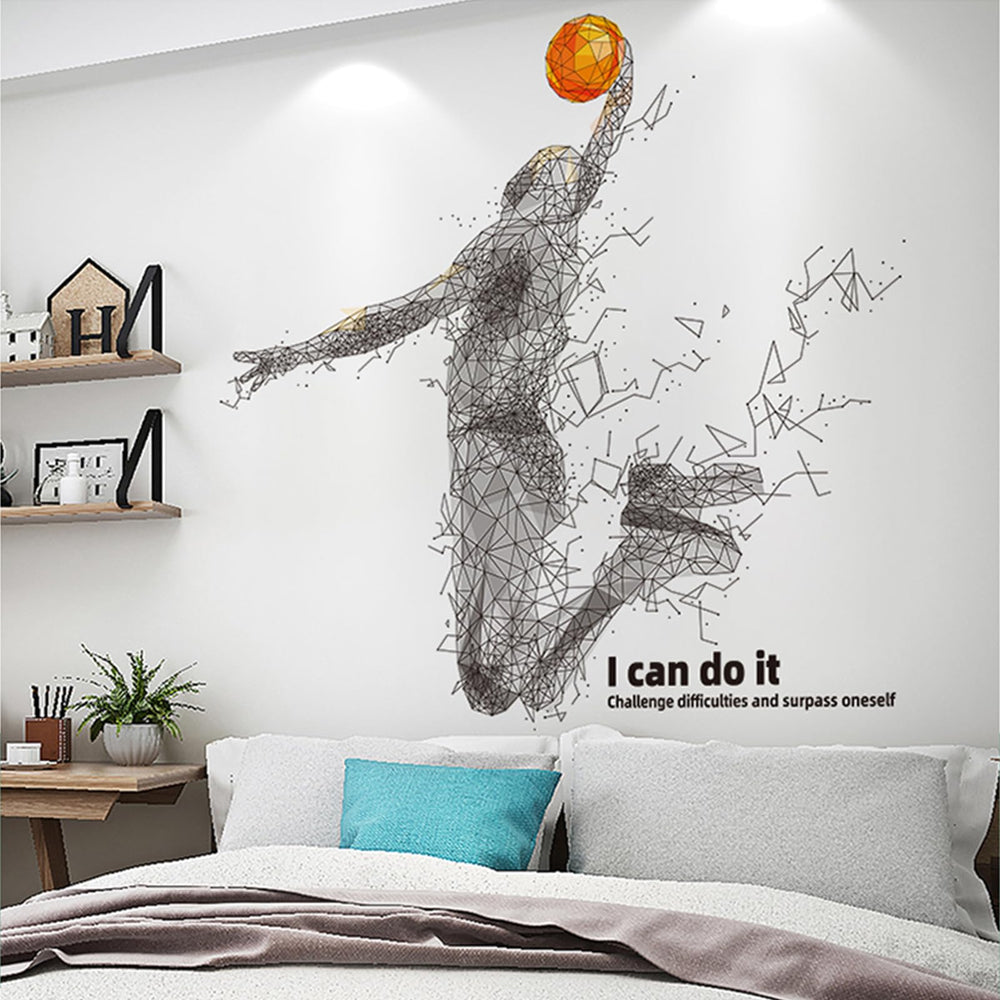 EIIXMSO 3D basketball player wall sticker in a bedroom adds dynamic energy.