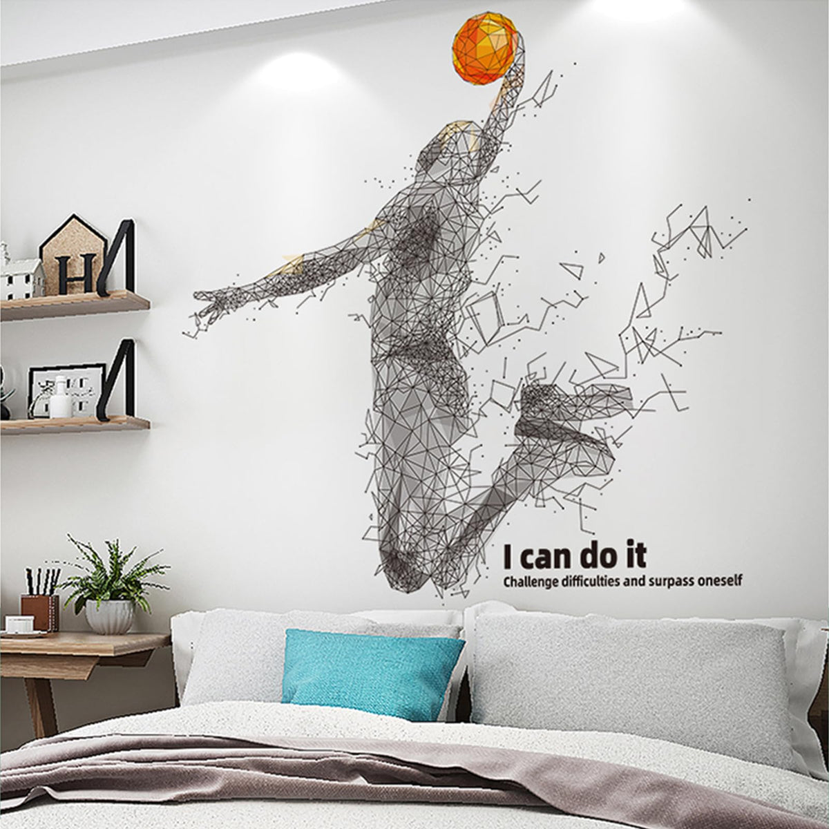 EIIXMSO 3D basketball player wall sticker in a bedroom adds dynamic energy.