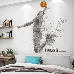 EIIXMSO 3D basketball player wall sticker in a bedroom adds dynamic energy.