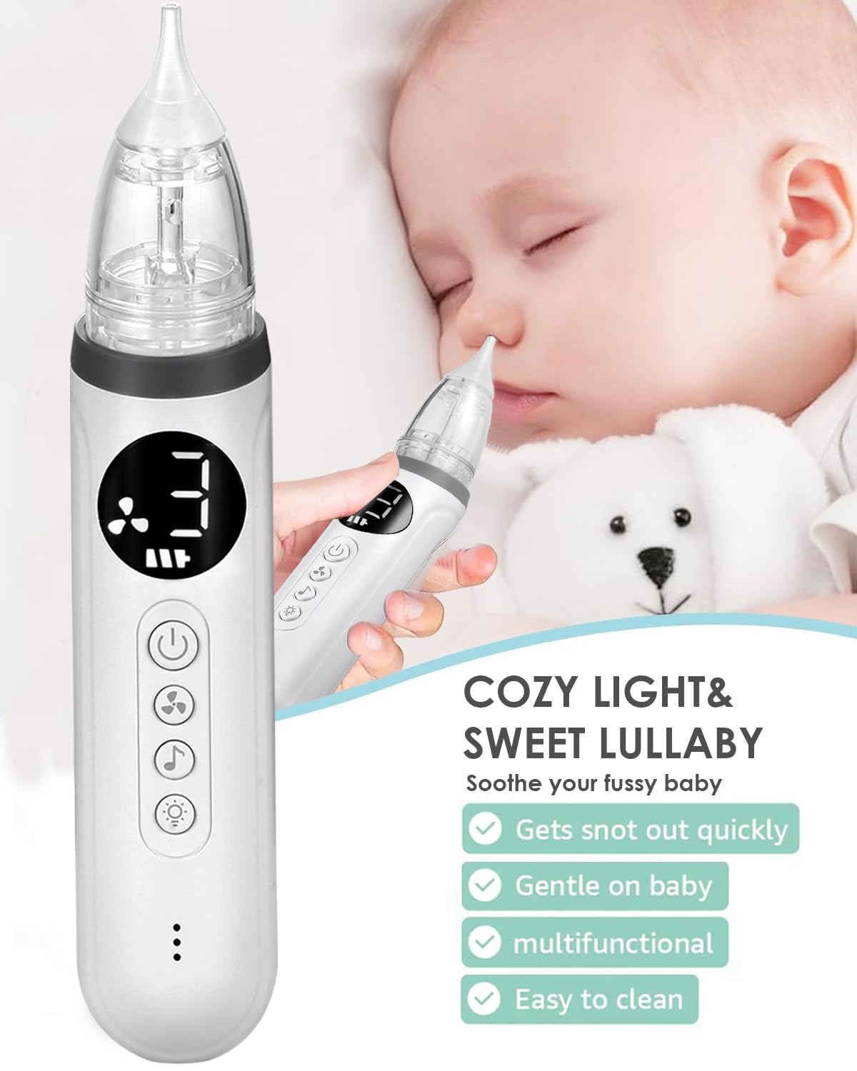 EITVLAGE nasal aspirator light and soothing music helps ease baby during cleaning.