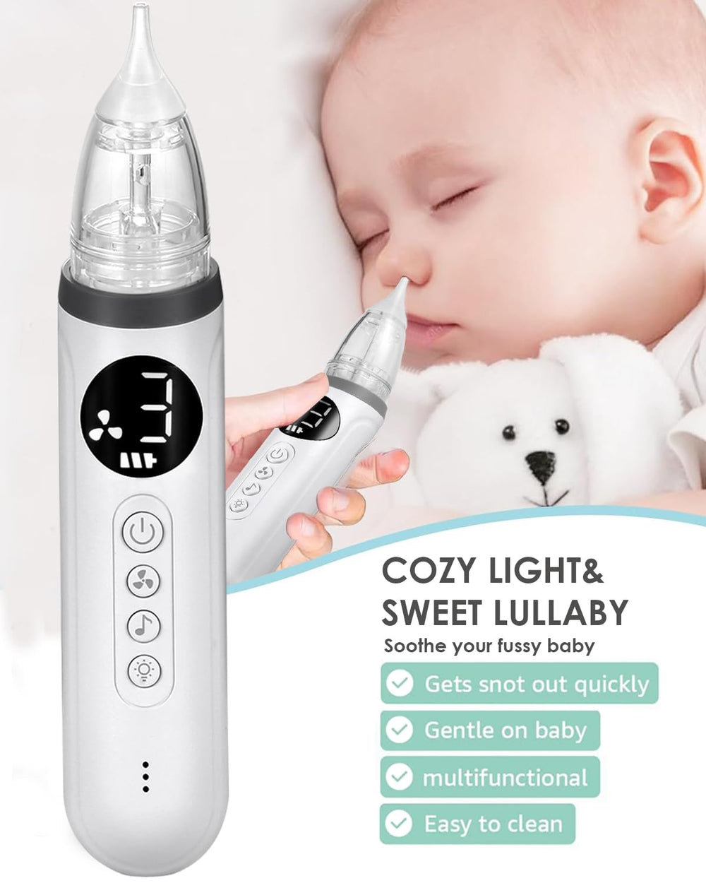 EITVLAGE nasal aspirator light and soothing music helps ease baby during cleaning.