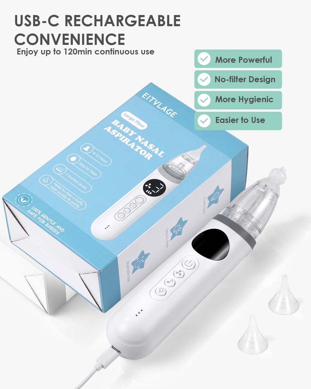 EITVLAGE nasal aspirator removable parts enable easy cleaning and tip changes.