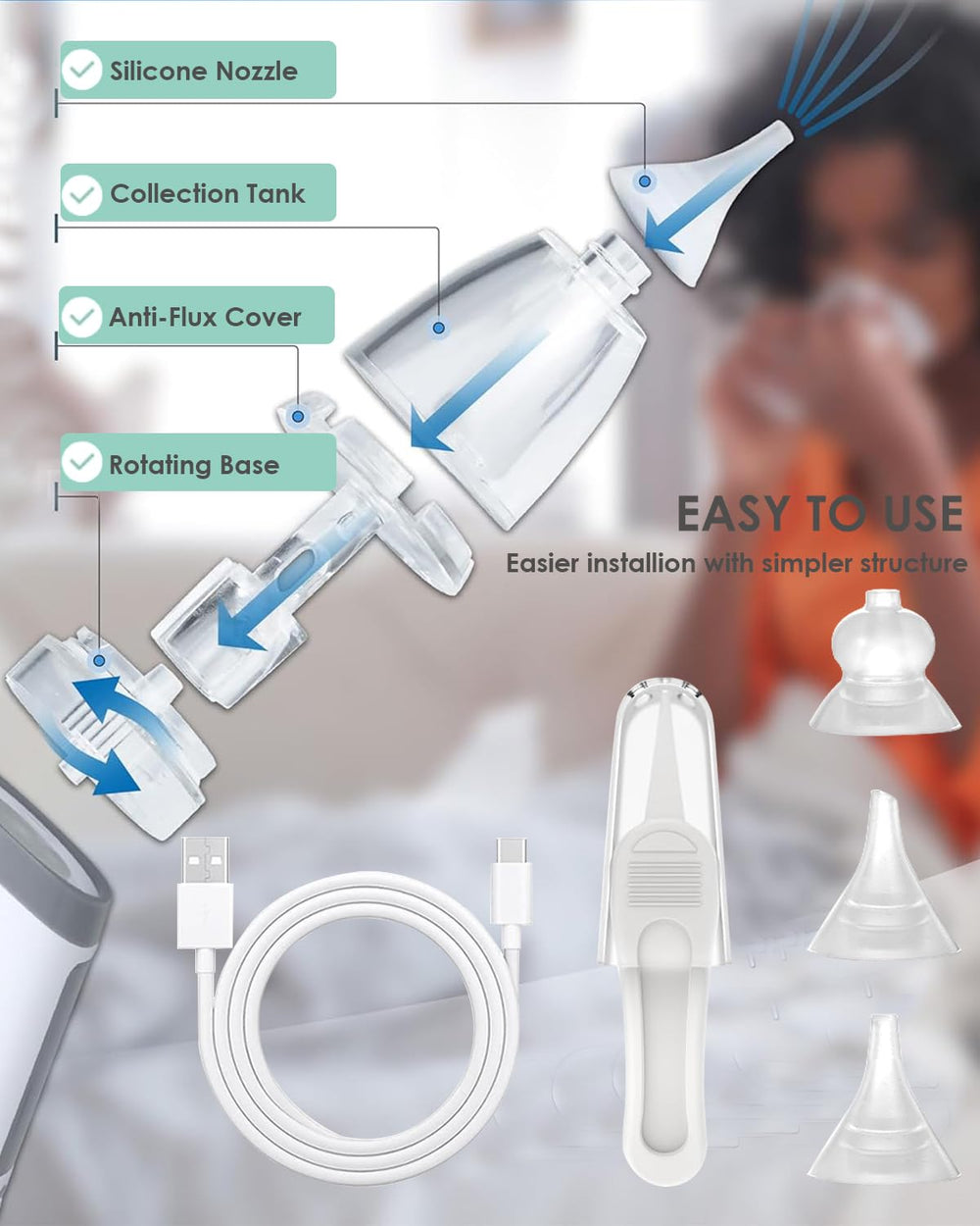 EITVLAGE nasal aspirator USB-rechargeable with travel storage case.