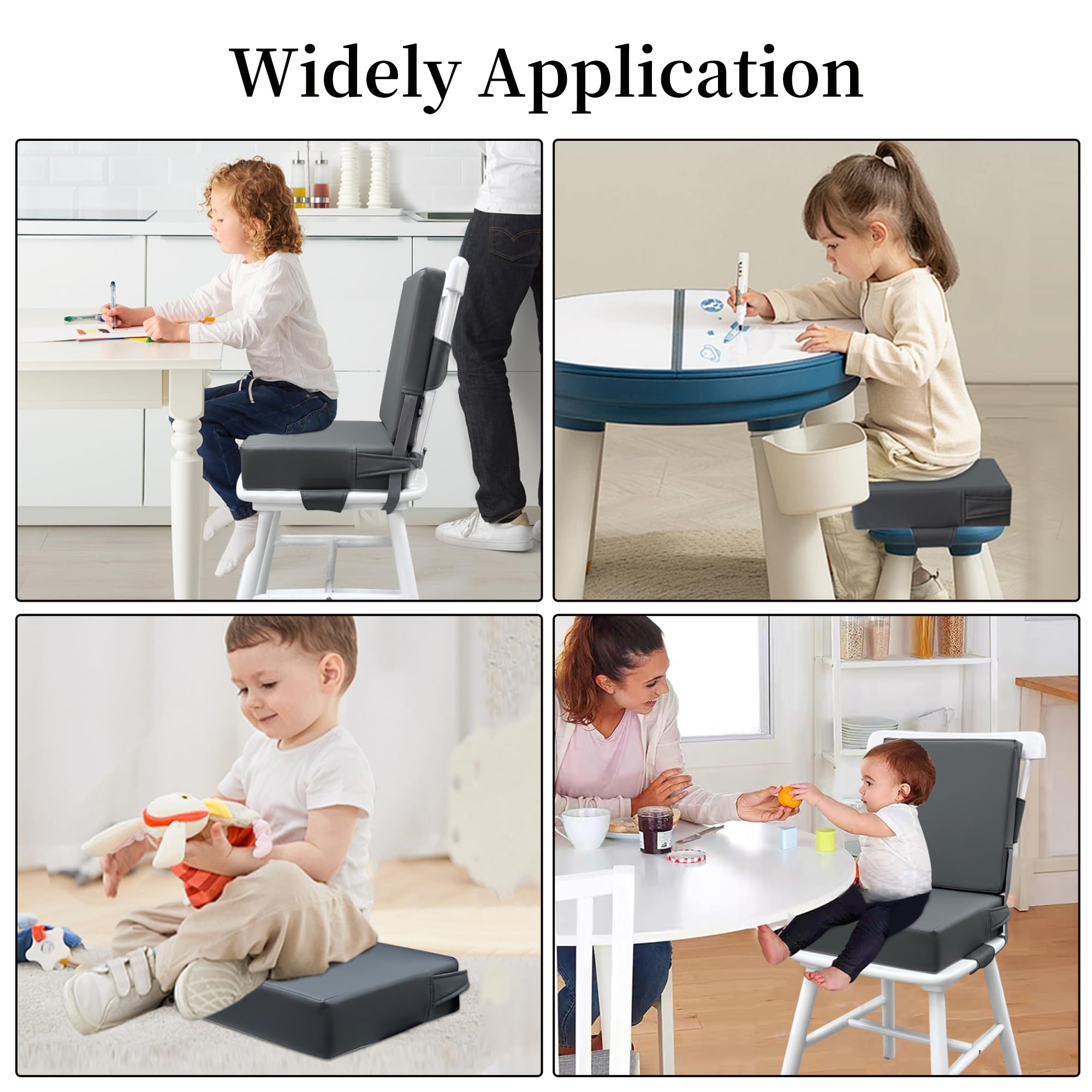 Eiury booster seat with fix belts illustrates anti-slip stability during meals.