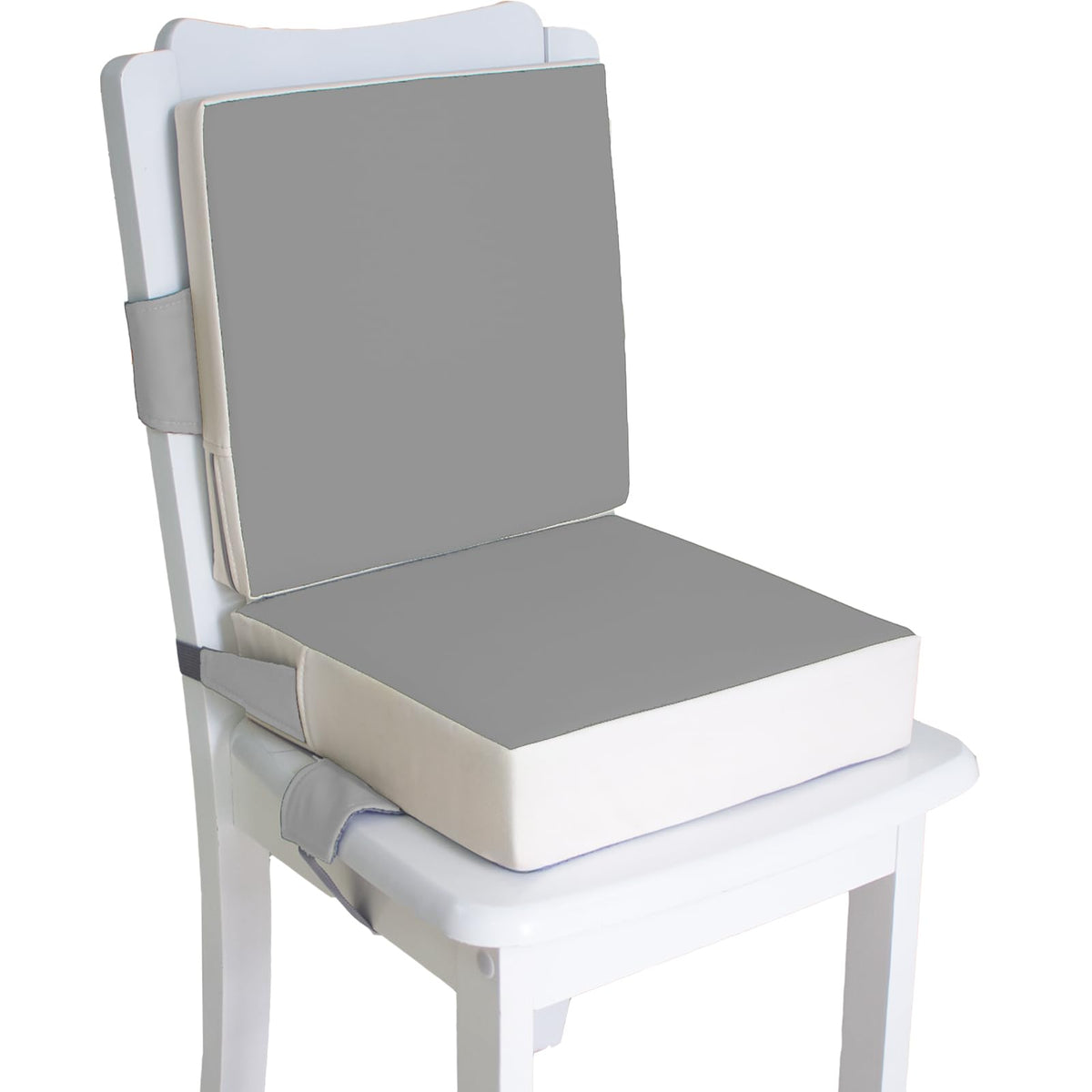 Eiury booster seat light grey closeup showing secure, comfortable dining aid for toddlers.