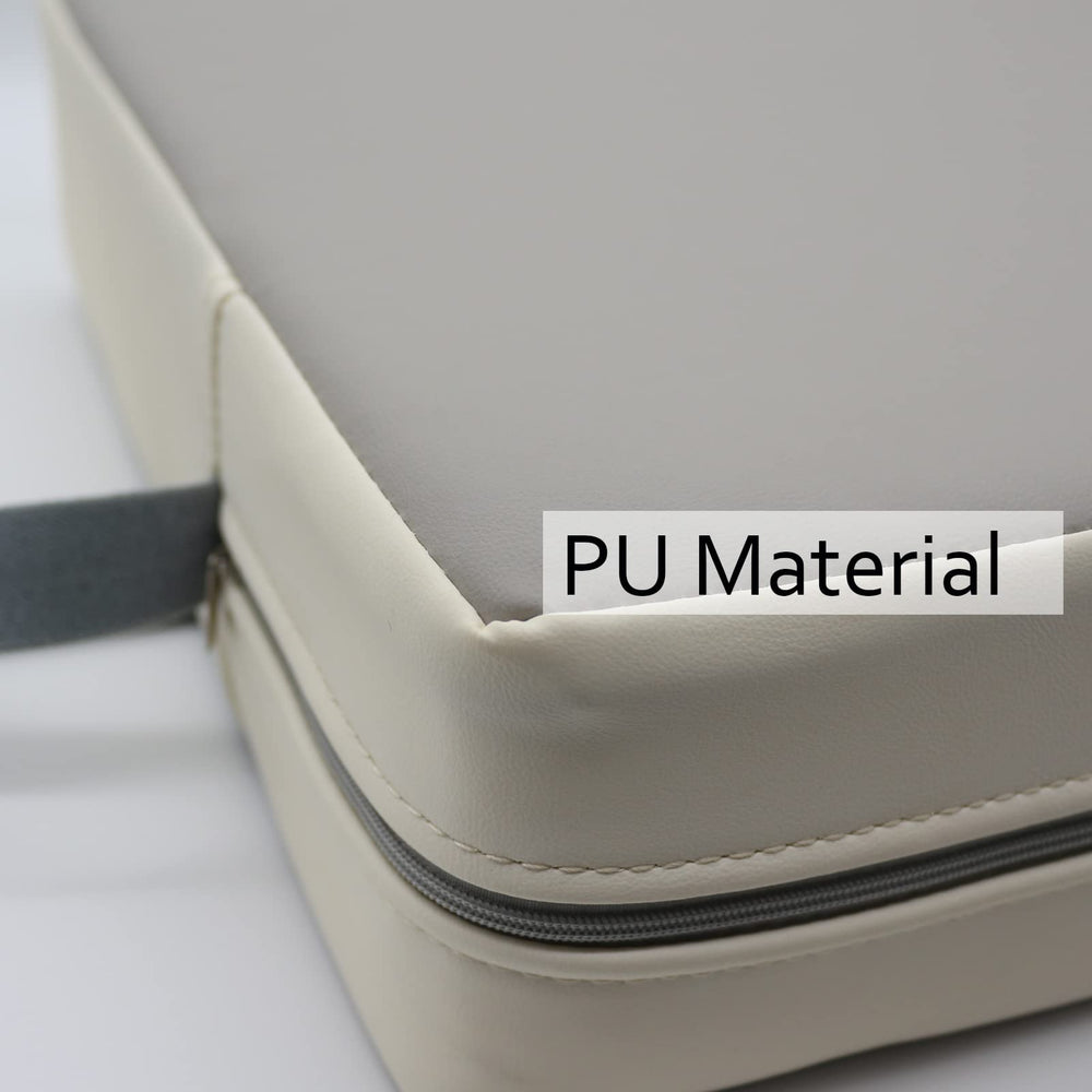 Eiury booster seat light grey surface closeup illustrates comfort and abrasion resistance for kids.