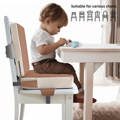 Eiury booster seat highlighting dual belts and fixed straps for secure seating.