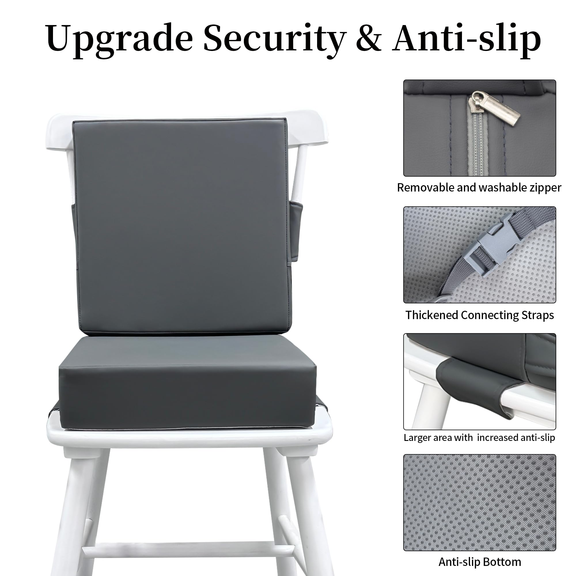Eiury booster seat with security belts shows stable positioning for safe meals.