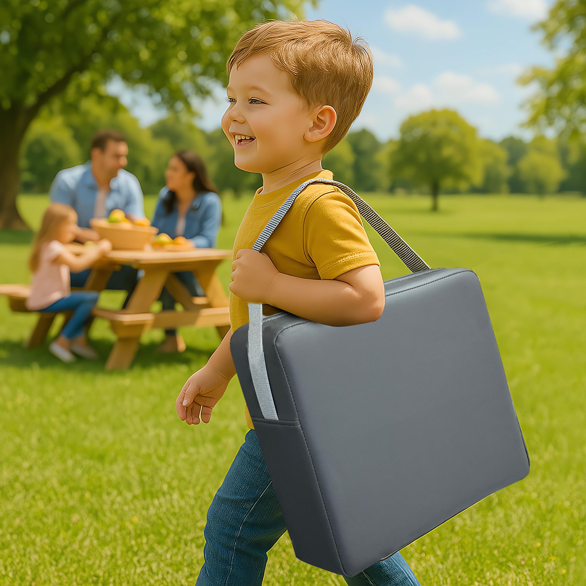 Eiury booster seat dark grey color blends with kitchen and dining decor.
