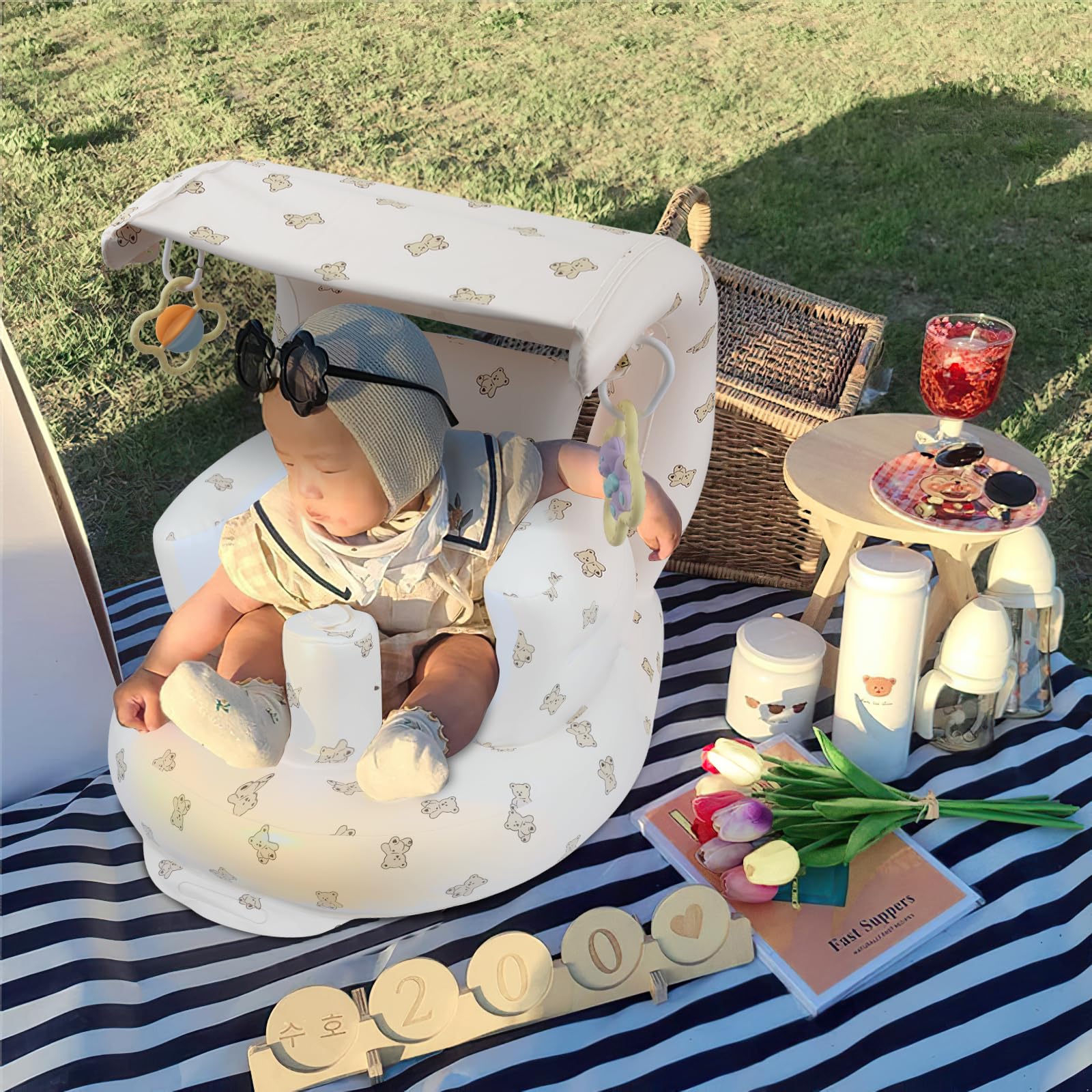 EKEPE Bear inflatable baby chair folded for compact travel storage.