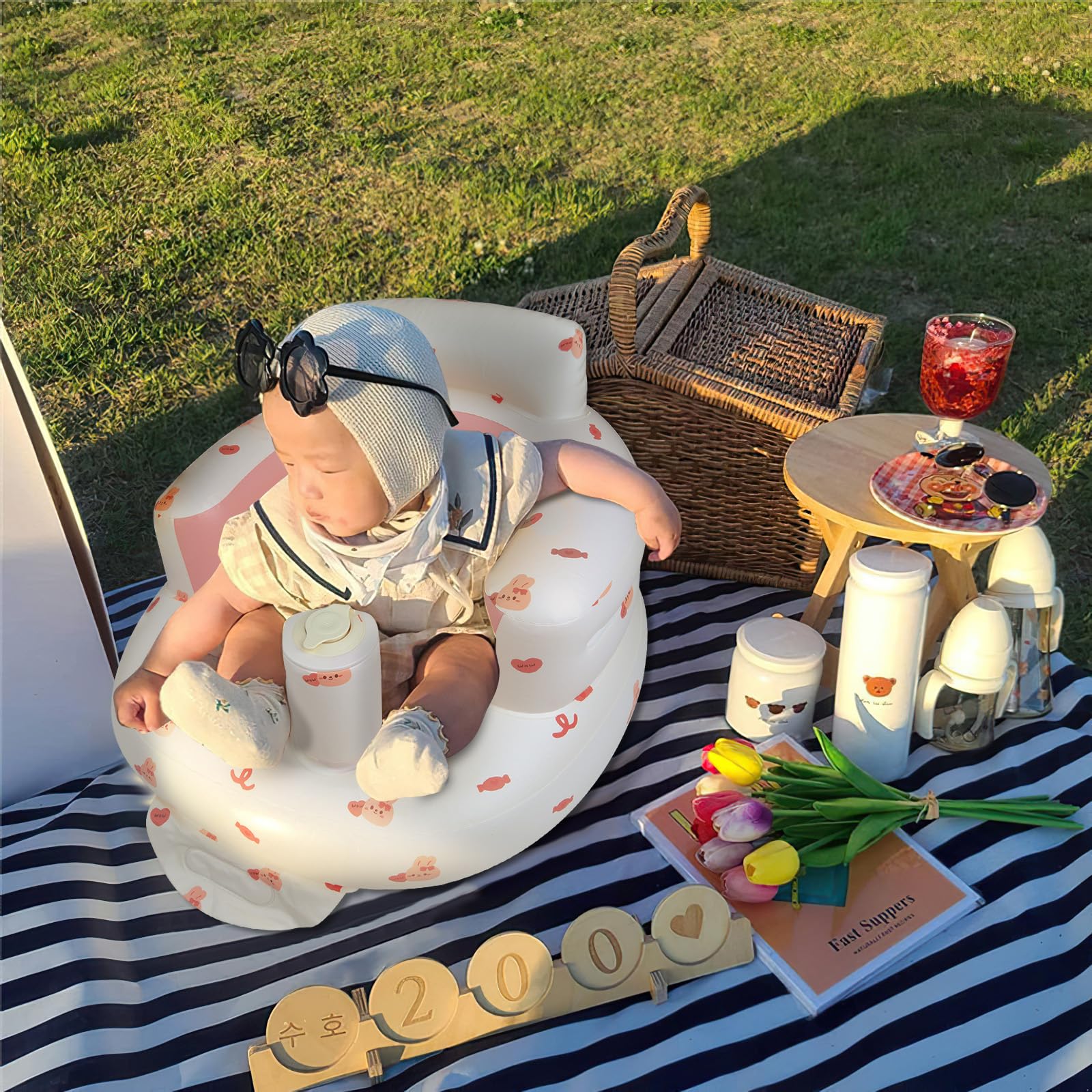 EKEPE inflatable baby chair bunny built-in air pump highlights quick setup in minutes for busy parents.