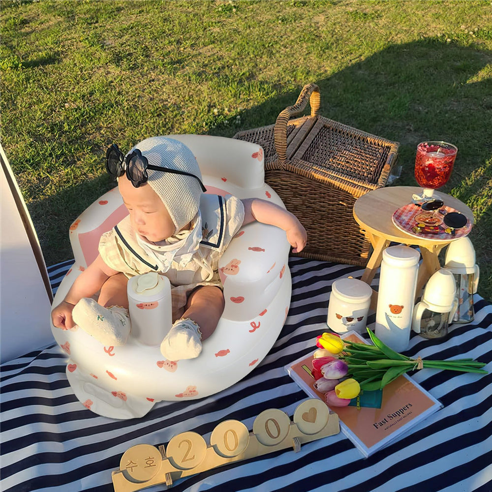 EKEPE inflatable baby chair bunny built-in air pump highlights quick setup in minutes for busy parents.
