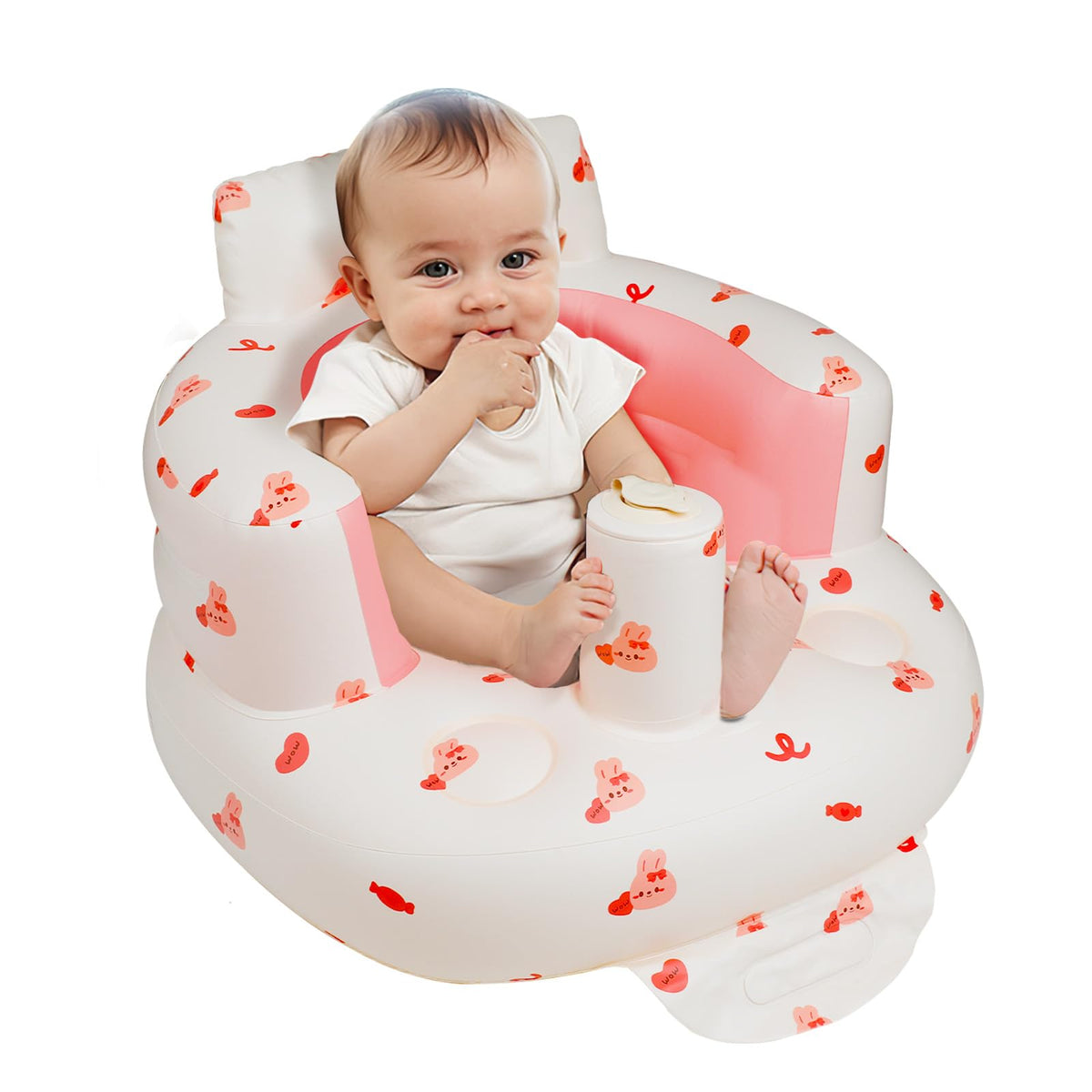 EKEPE inflatable baby chair bunny hero demonstrates portable travel seating for baby comfort on outings.