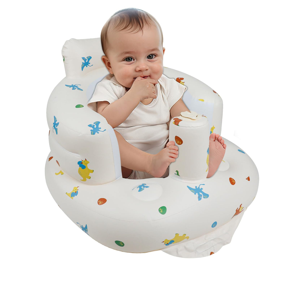 EKEPE inflatable baby chair front view with dinosaur print showing comfortable support