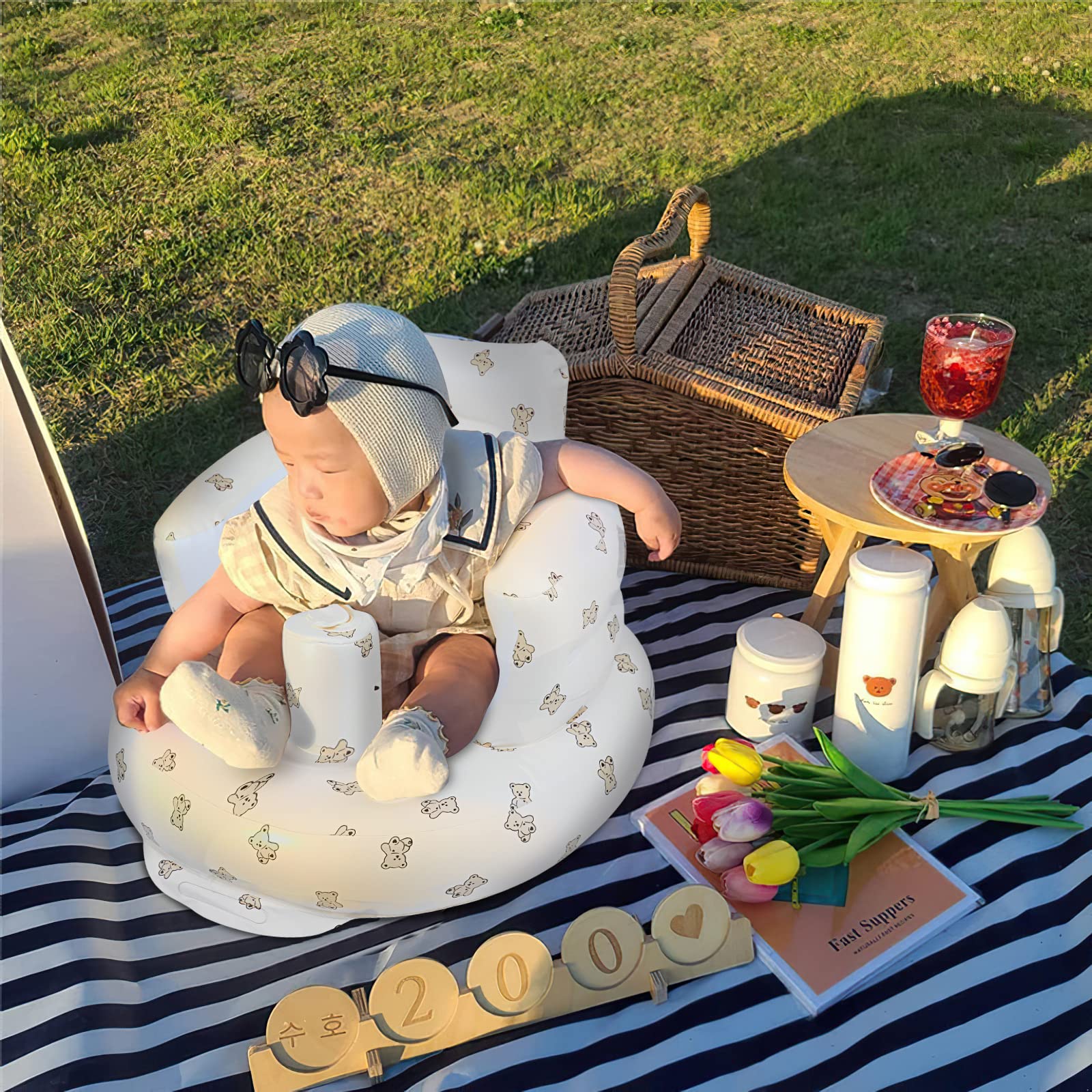 EKEPE inflatable baby seat backrest demonstrates soft, protective support for growing babies.
