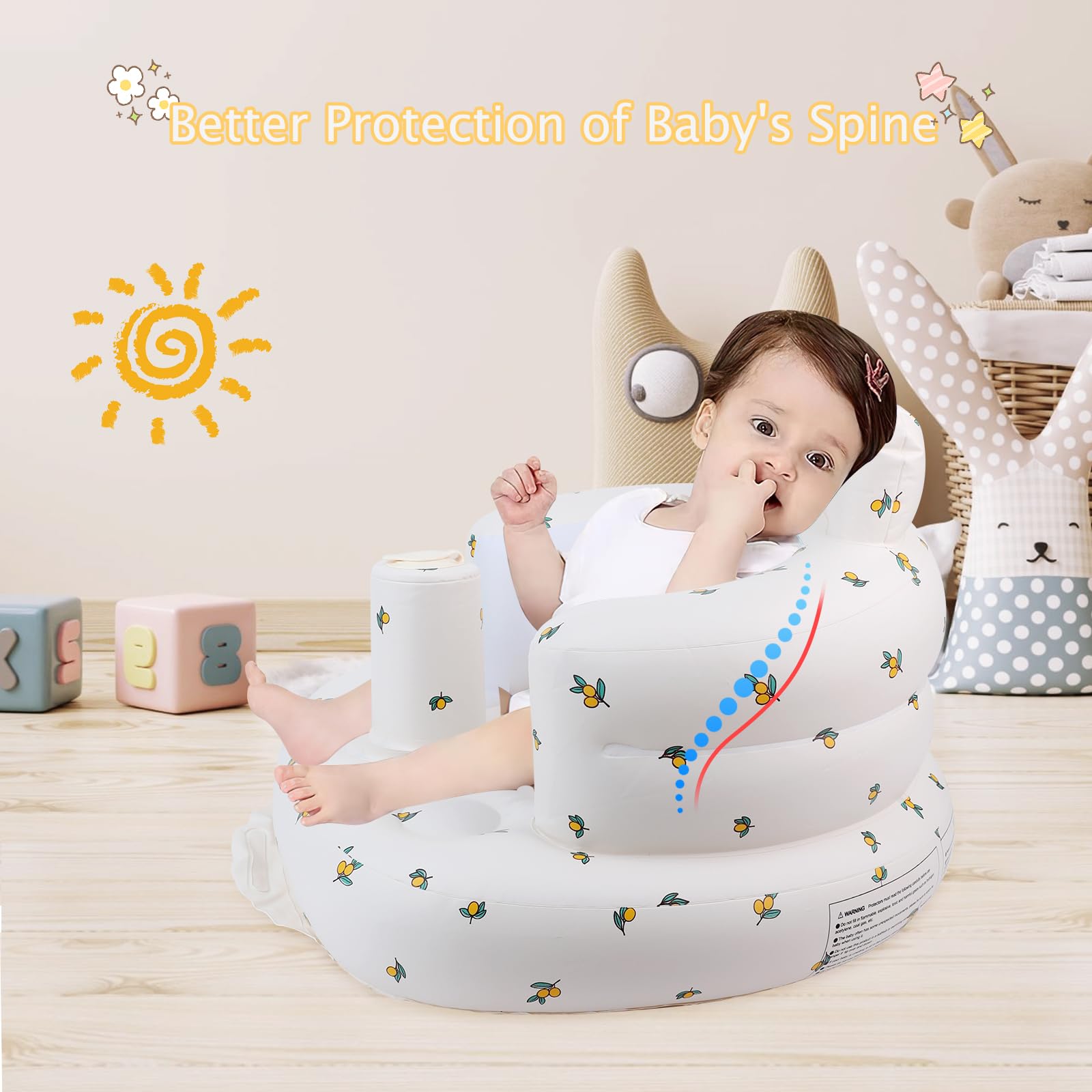 EKEPE inflatable baby seat in-use image suggests multipurpose use for feeding and play.
