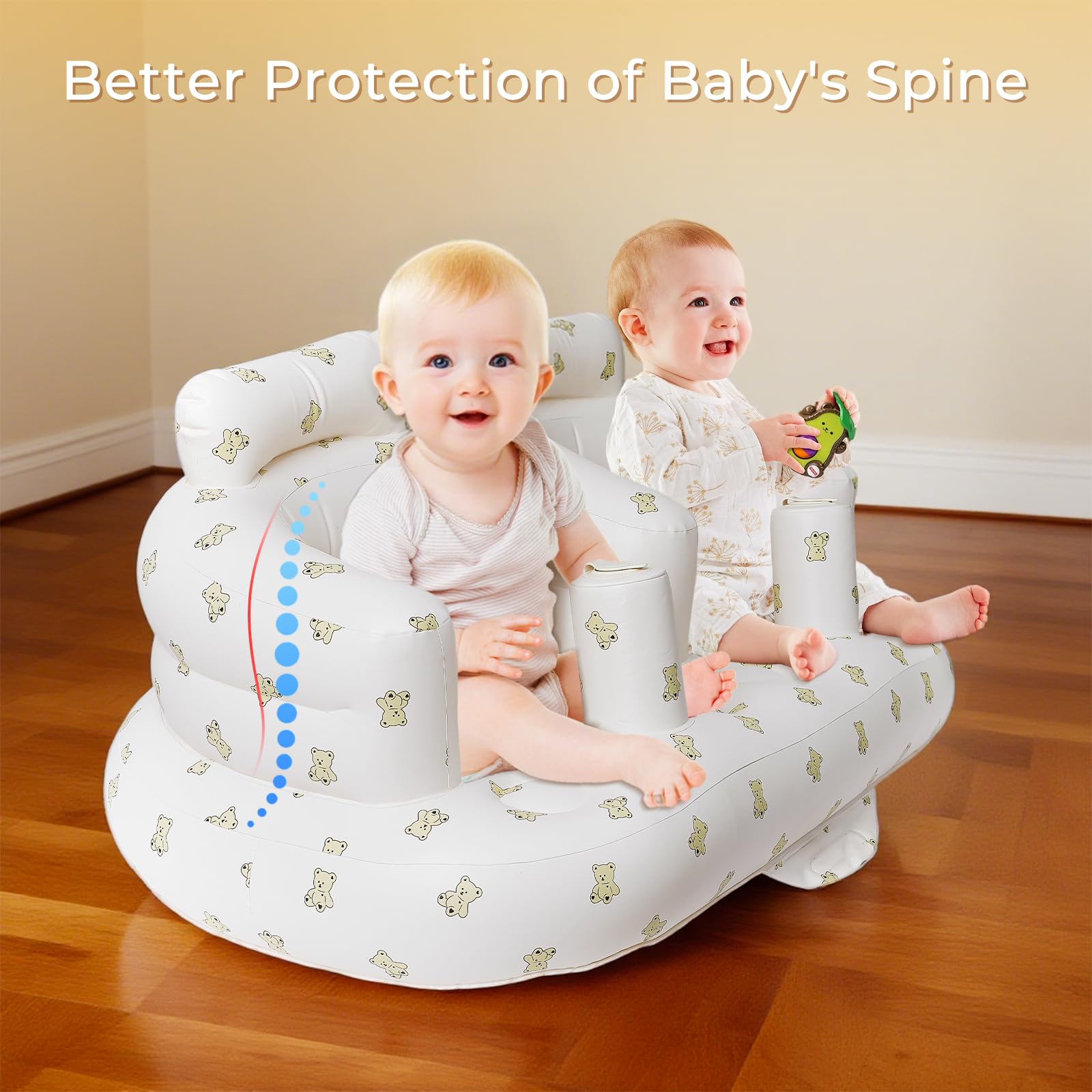 EKEPE Twins Bear curved safety backrest provides comfy support during sitting and play.