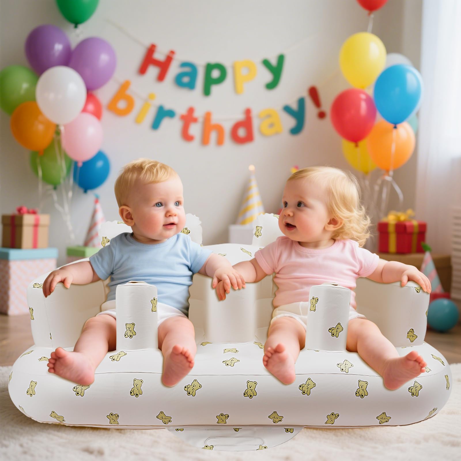 EKEPE Twins Bear side-by-side design promotes sibling interaction during activities.