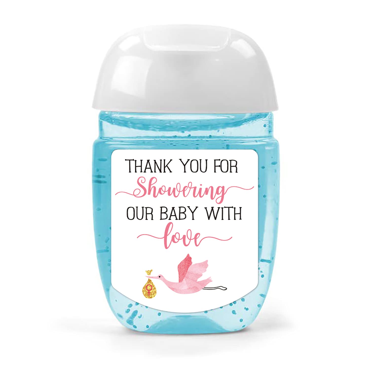 EKSPLODI hand-sanitizer labels pink-collection on display for baby shower favors.