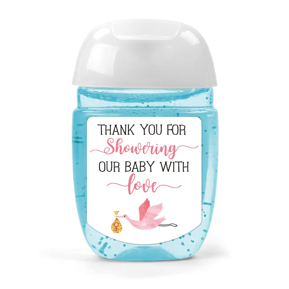 EKSPLODI hand-sanitizer labels pink-collection on display for baby shower favors.