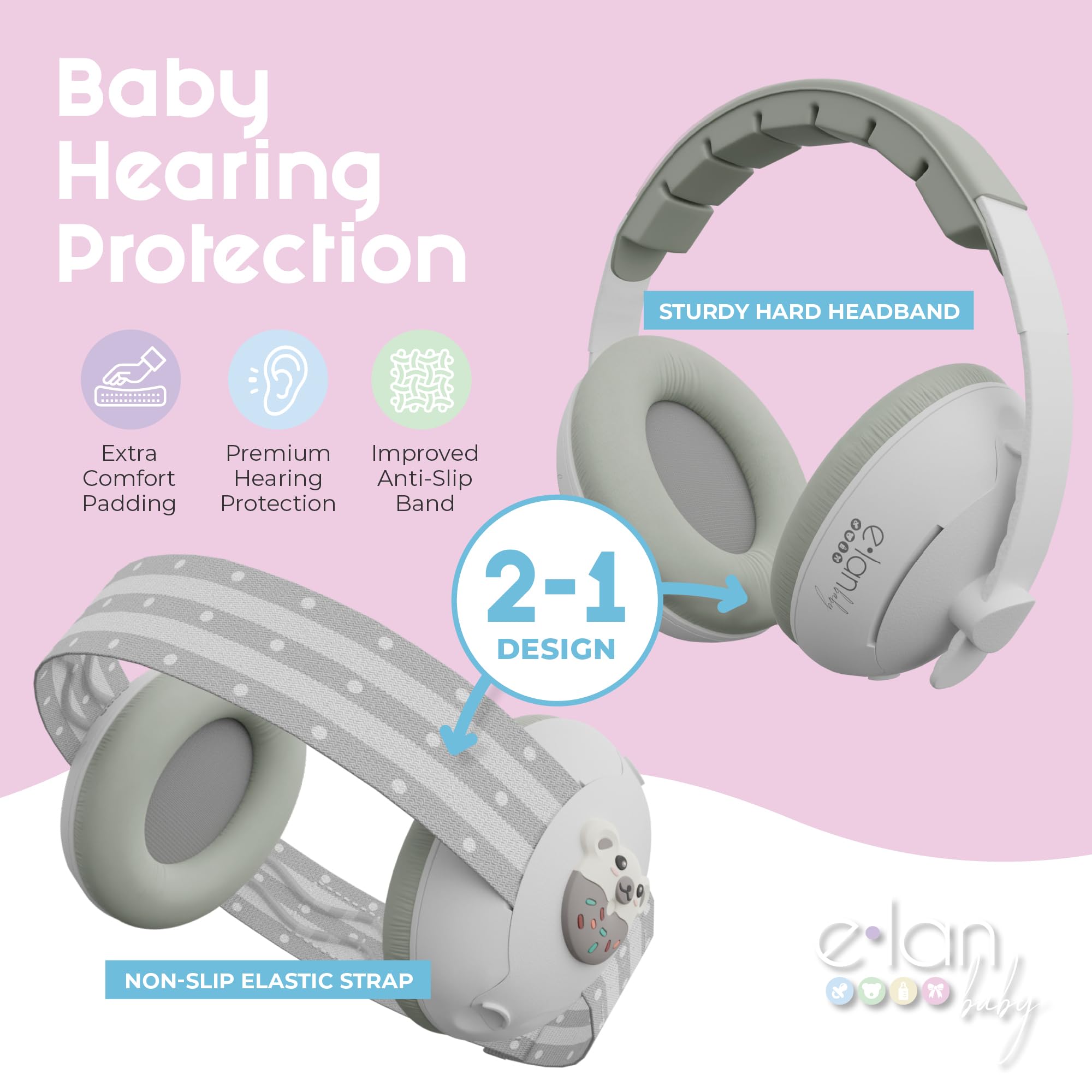 Elan Baby ear muffs with soft elastic strap for gentle all-day comfort