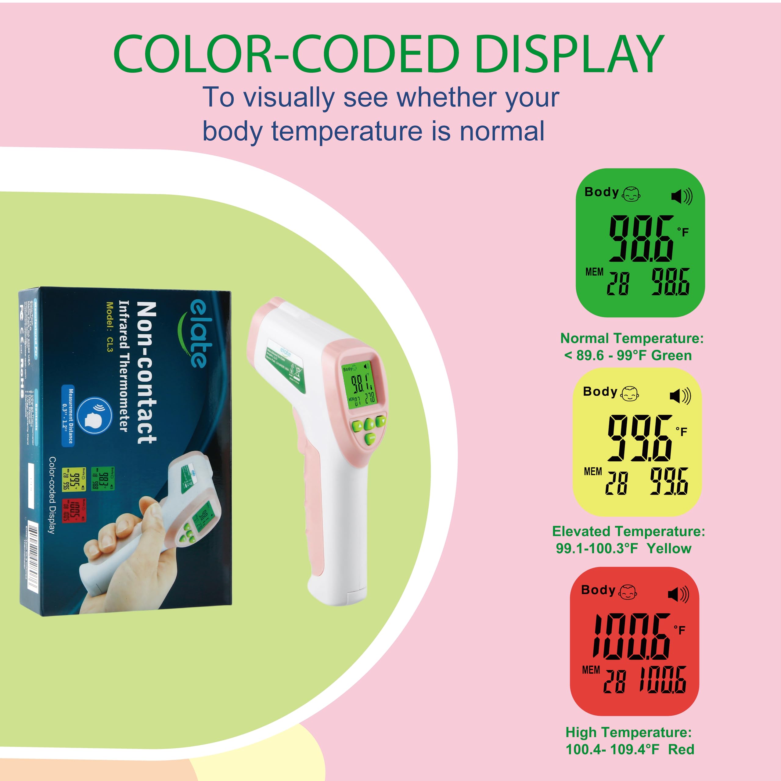 Elate forehead thermometer with battery indicating simple setup