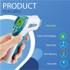 Elate Forehead Thermometer display with fever alarm for quick checks.