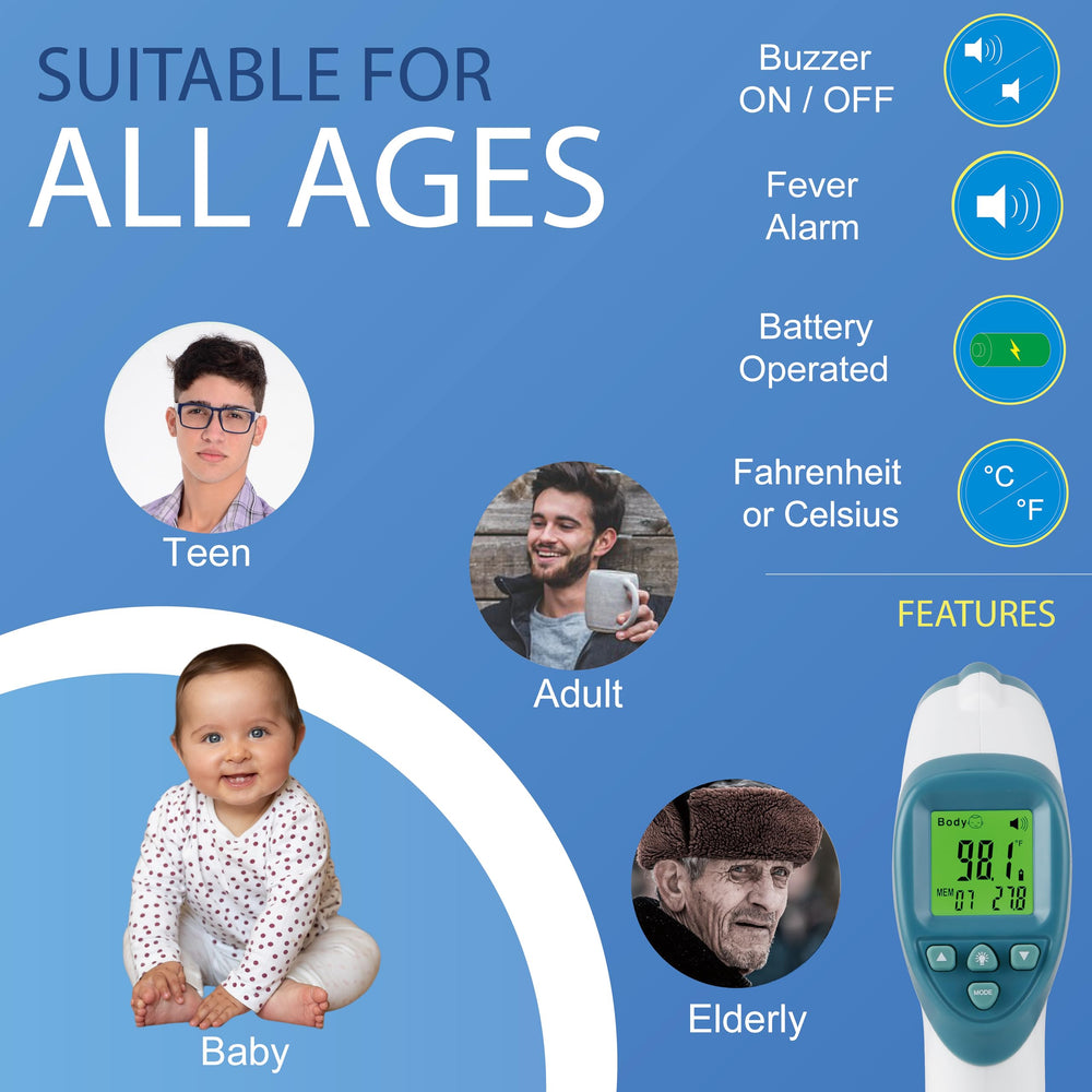 Elate Forehead Thermometer memory stores up to 32 readings for tracking.