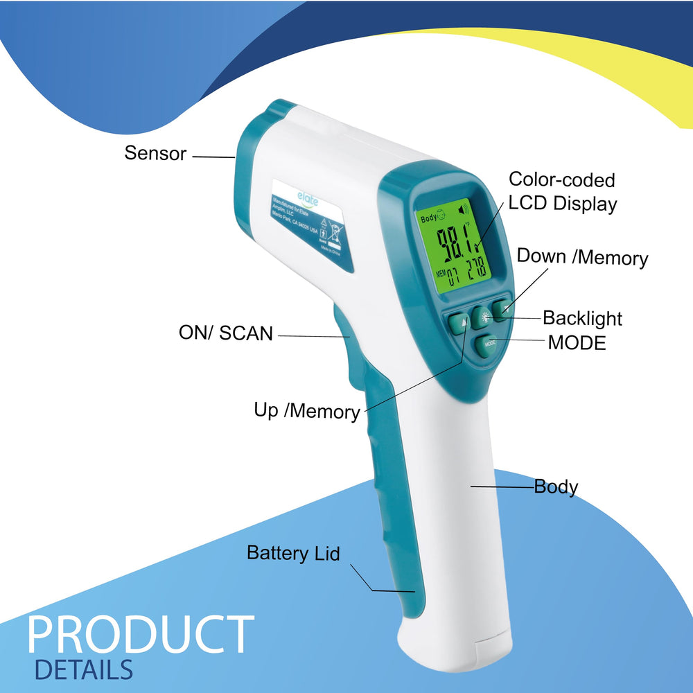 Elate Forehead Thermometer no-touch infrared technology enables hygienic checks.