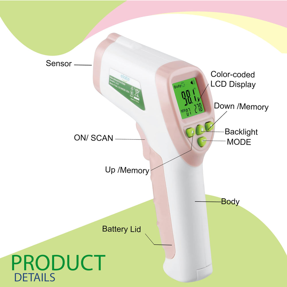 Elate forehead thermometer pink color design adds warmth to home care