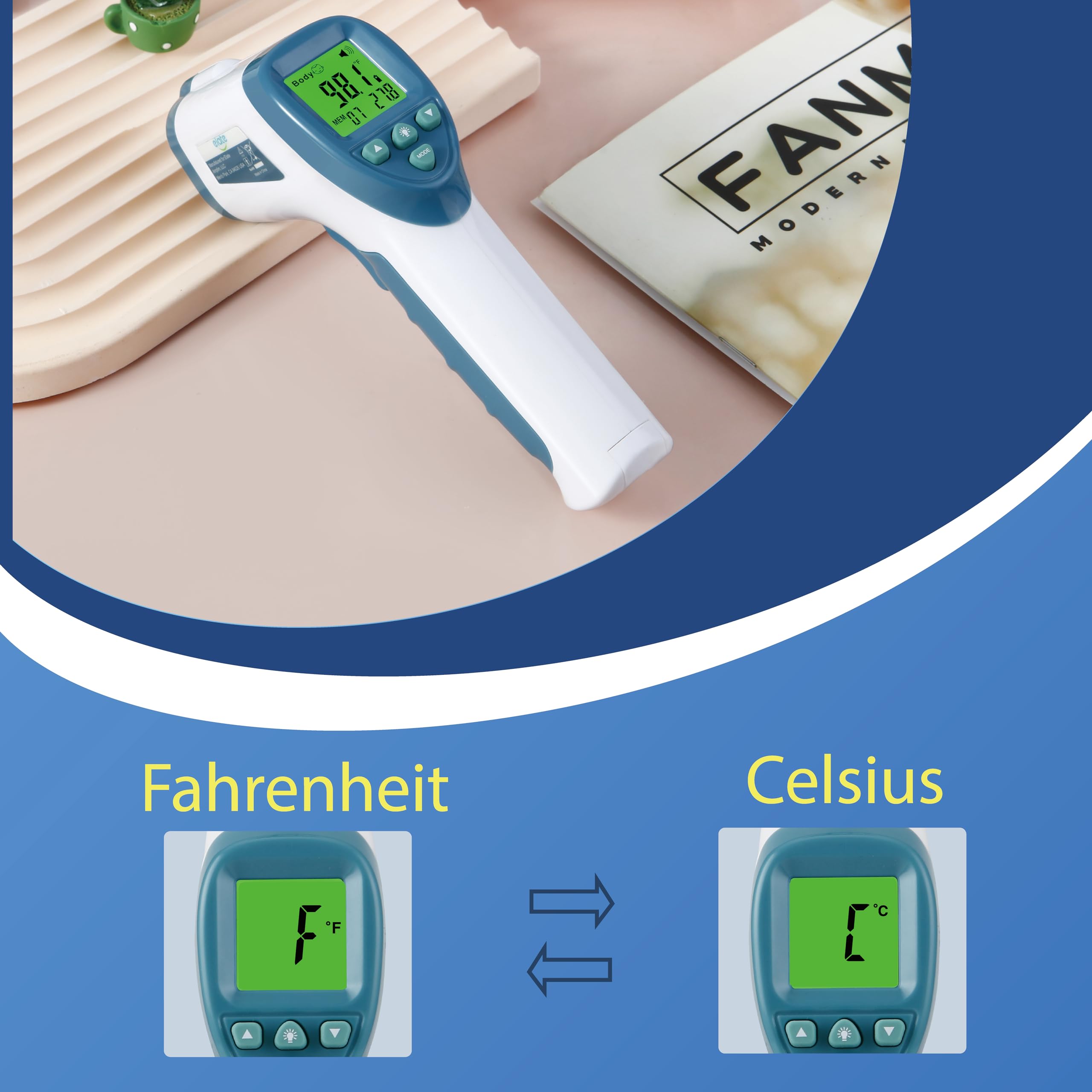 Elate Forehead Thermometer in a home/office/clinic medical setting.
