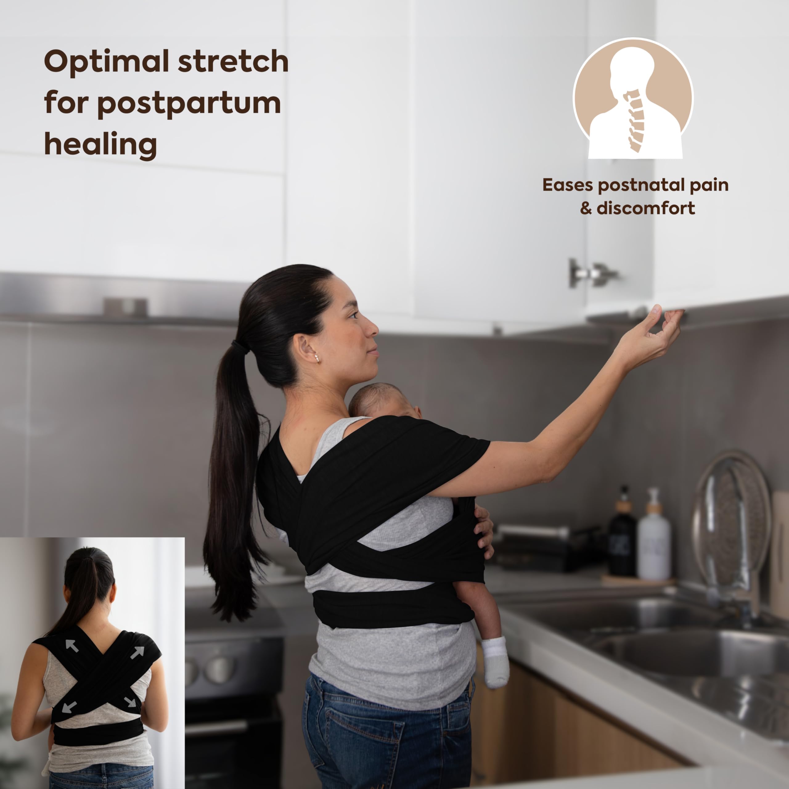 ELDOMA Black Baby Wrap Carrier ergonomic-fit relieves strain while keeping baby secure.