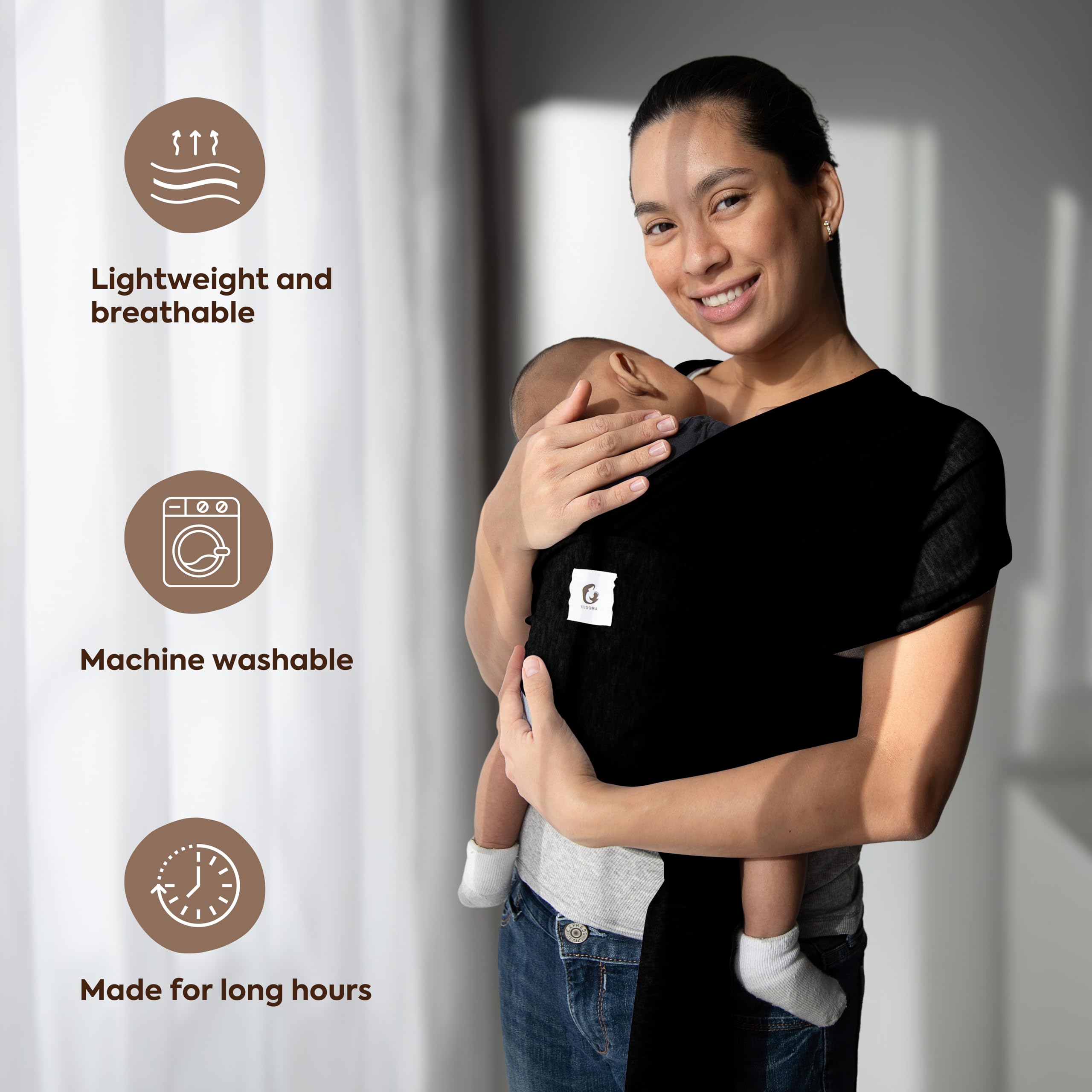 ELDOMA Black Baby Wrap Carrier folded-in-diaper-bag travel-ready.