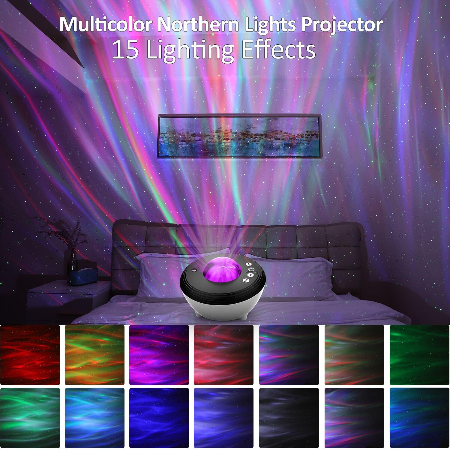 Elec3 Northern Lights Projector casts ceiling starfield with vivid colors.