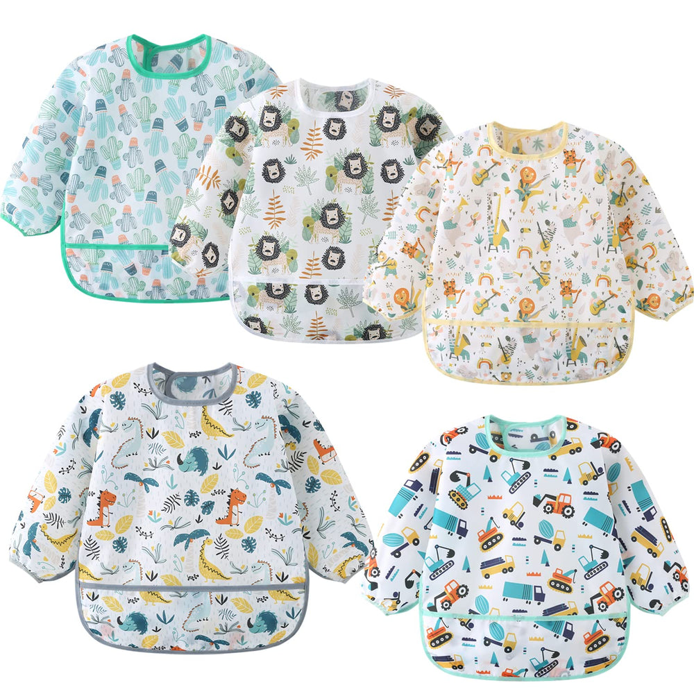 ElecMotive long sleeve bib on a child during mealtime protects clothes.