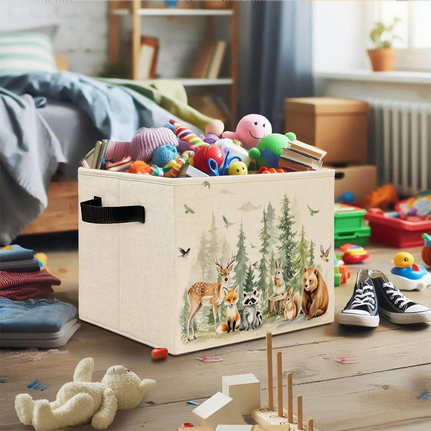 Elefeltclave Animal Forest storage bin on a bedroom shelf simplifying kid organization.