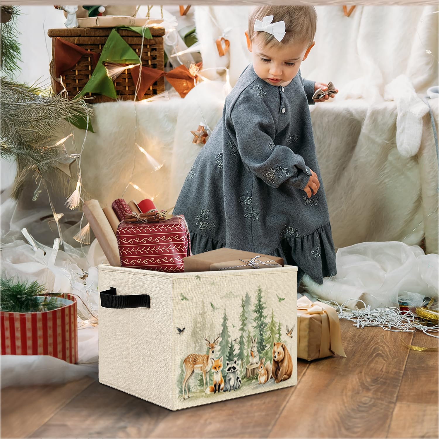 Elefeltclave Animal Forest storage bin sits upright on a shelf for clutter-free play space.