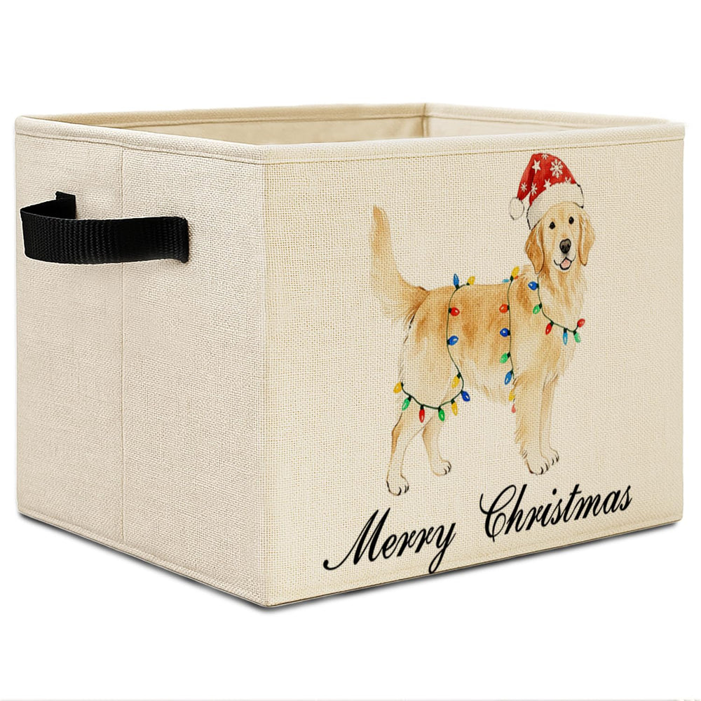 Elefeltclave Christmas Golden Retriever storage bin front view for organized shelves.