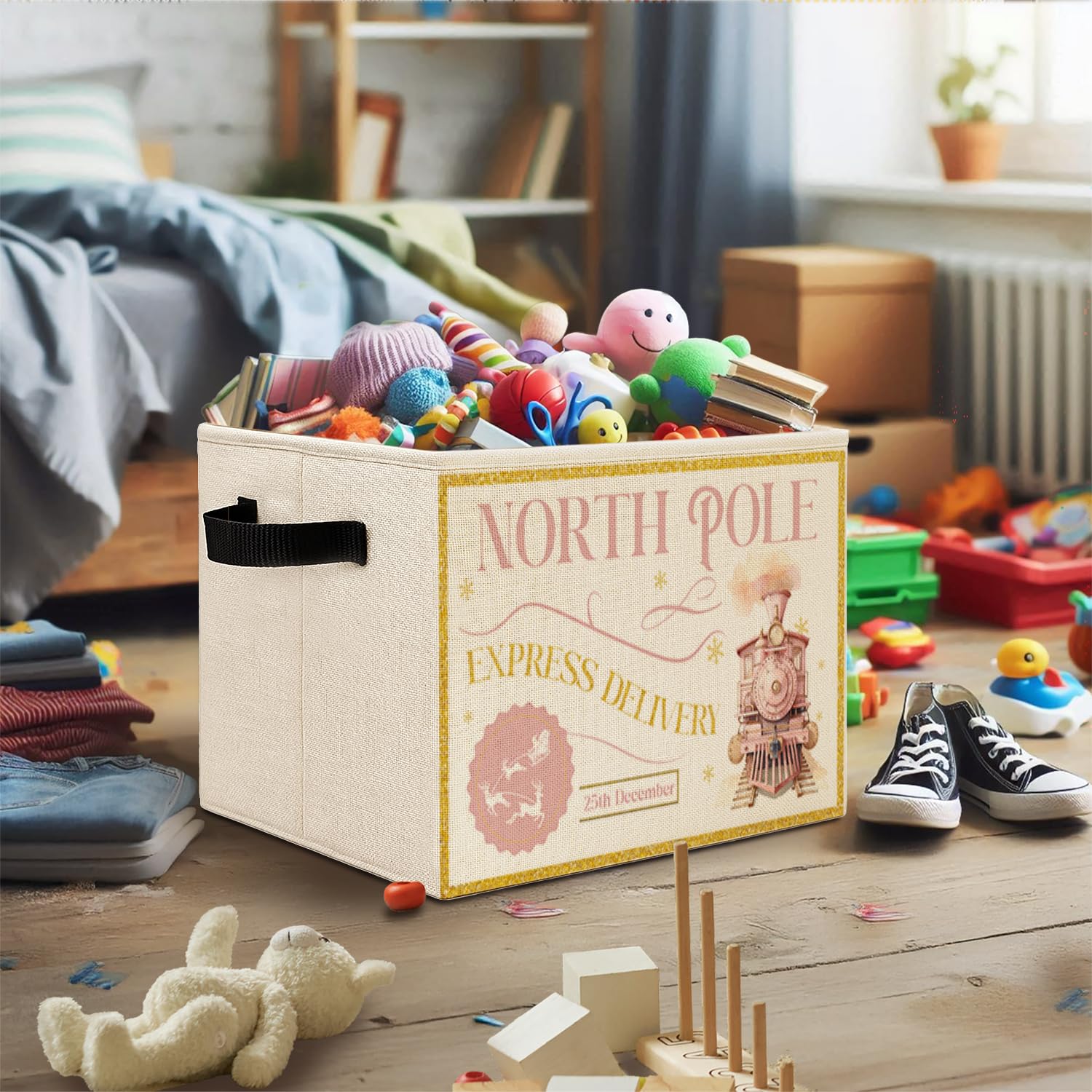 Elefeltclave North Pole Express pink bin in a kids room highlights easy organization