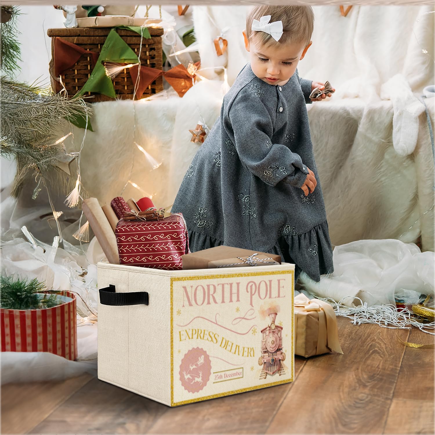 Elefeltclave North Pole Express pink bin open demonstrates large interior for clothing or toys