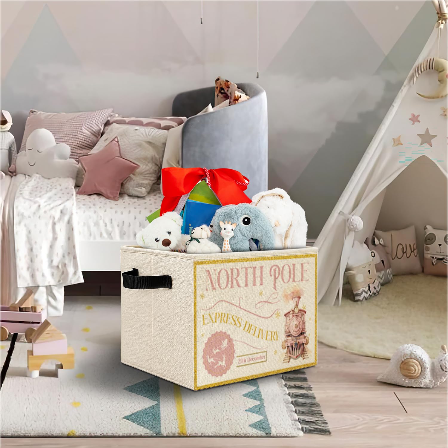 Elefeltclave North Pole Express pink bin side view keeps clutter off desks and shelves