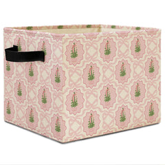 Elefeltclave Pink Bow storage bin front view with chinoiserie print for stylish organization.