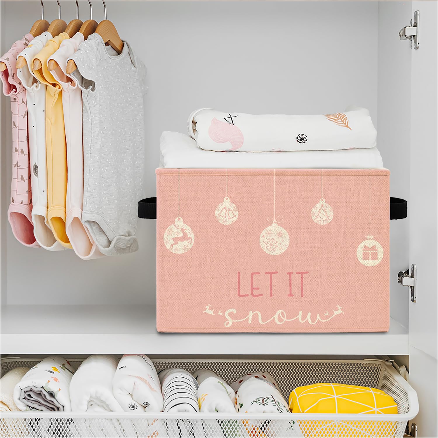Elefeltclave pink Christmas storage bin material closeup shows cotton-linen blend and PVC support.
