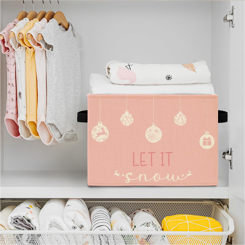 Elefeltclave pink Christmas storage bin material closeup shows cotton-linen blend and PVC support.
